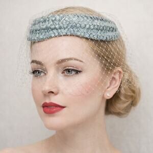 Vintage 60s Pastel Blue Straw Braided Halo Bird Cage Veil Fascinator